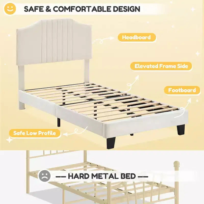 Twin Plus Size Beige Kids Bed, Sturdy Velvet Headboard, Oak Wood Slats, Squeak Resistant, No Box Spring Needed, Easy Assembly