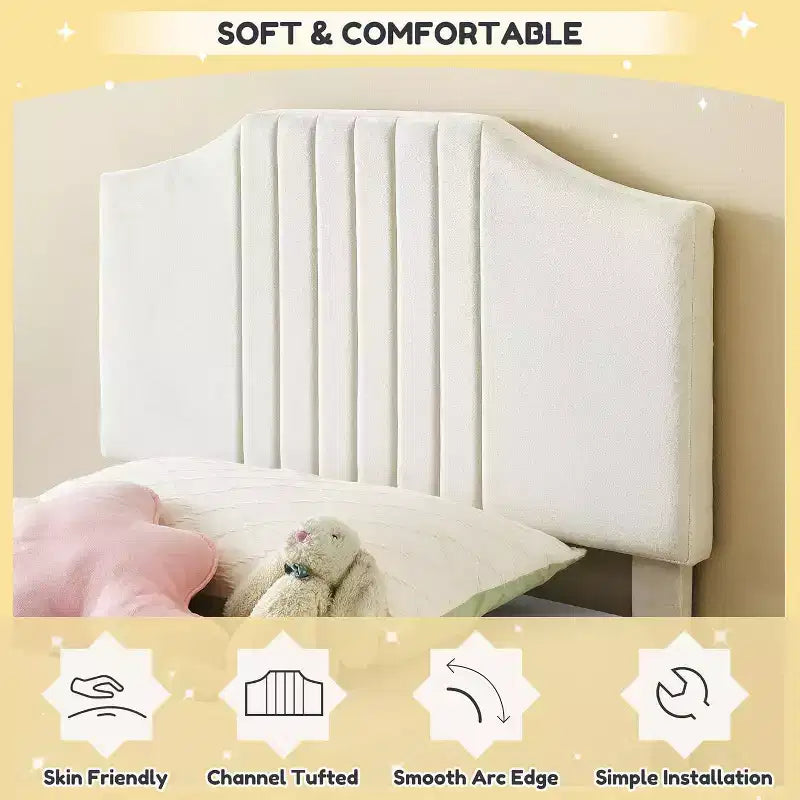 Twin Plus Size Beige Kids Bed, Sturdy Velvet Headboard, Oak Wood Slats, Squeak Resistant, No Box Spring Needed, Easy Assembly