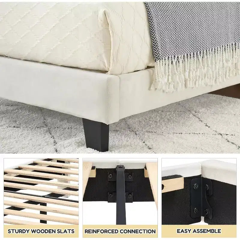Twin Plus Size Beige Kids Bed, Sturdy Velvet Headboard, Oak Wood Slats, Squeak Resistant, No Box Spring Needed, Easy Assembly