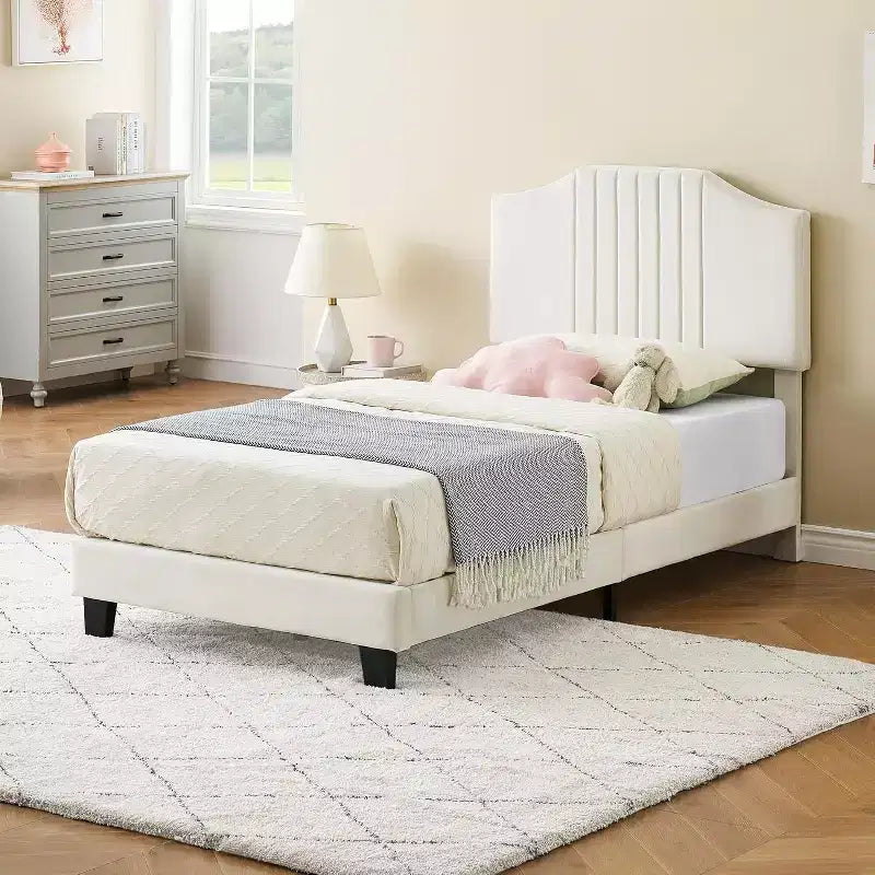 Twin Plus Size Beige Kids Bed, Sturdy Velvet Headboard, Oak Wood Slats, Squeak Resistant, No Box Spring Needed, Easy Assembly