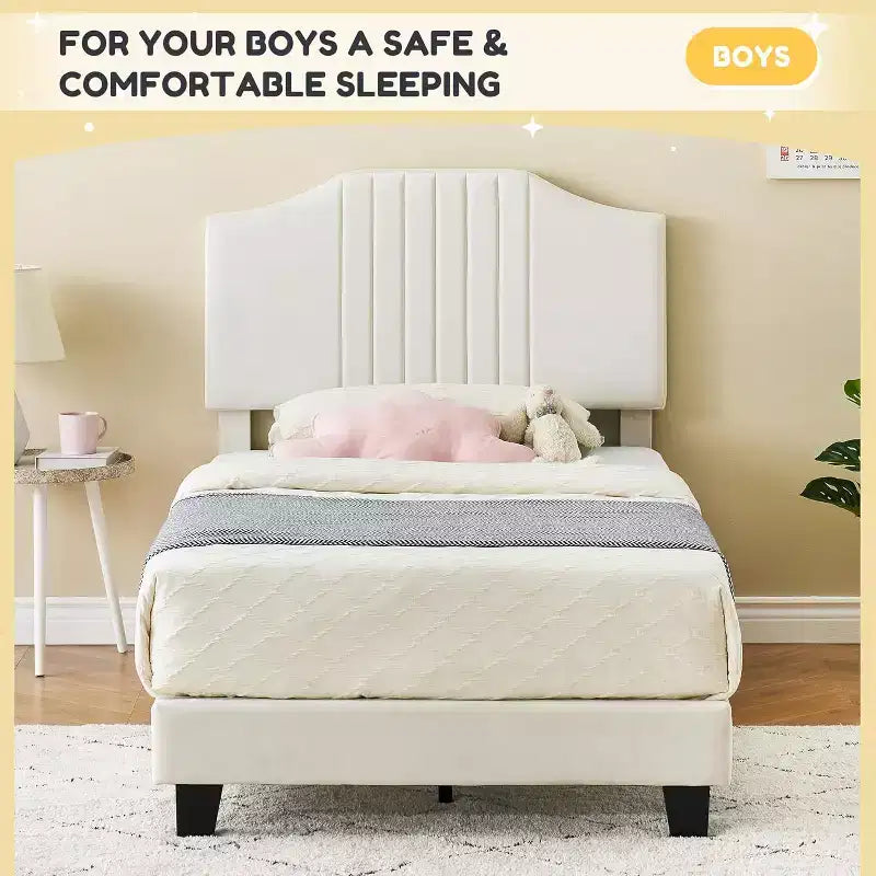 Twin Plus Size Beige Kids Bed, Sturdy Velvet Headboard, Oak Wood Slats, Squeak Resistant, No Box Spring Needed, Easy Assembly