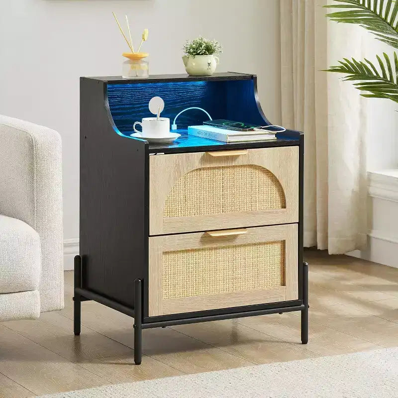 DobleePy Rattan Nightstand with Charging Station & LED Lights, 2 Drawer Bedside Table, Storage End Table for Bedroom, Living Room, Black