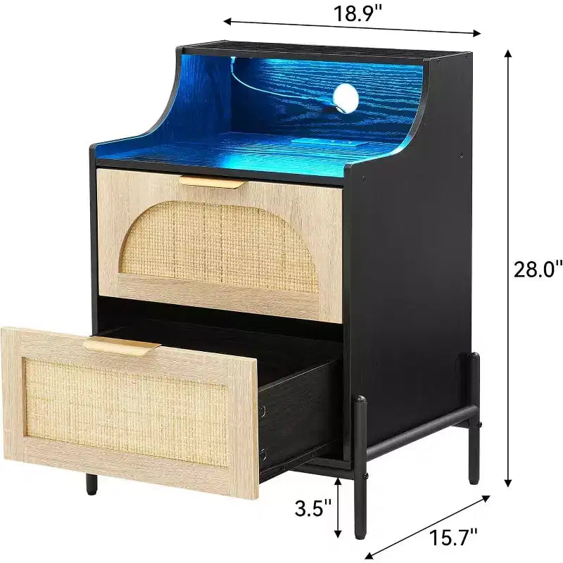 Rattan Nightstand with Charging Station & LED Lights, 2 Drawer Bedside Table for Bedroom, Living Room, Black
