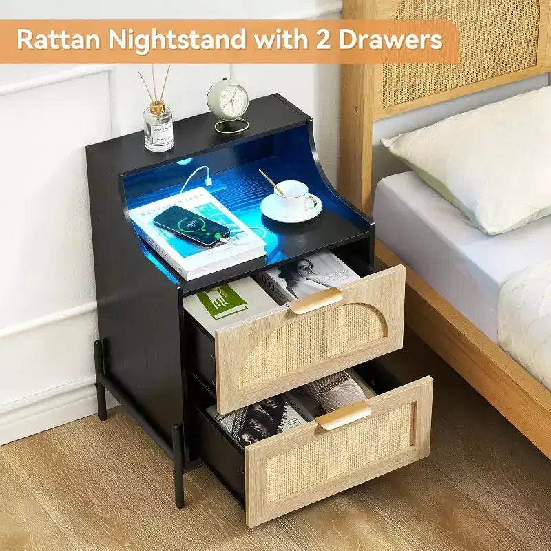 Rattan Nightstand with Charging Station & LED Lights, 2 Drawer Bedside Table for Bedroom, Living Room, Black