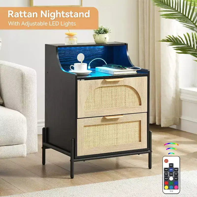 Rattan Nightstand with Charging Station & LED Lights, 2 Drawer Bedside Table for Bedroom, Living Room, Black