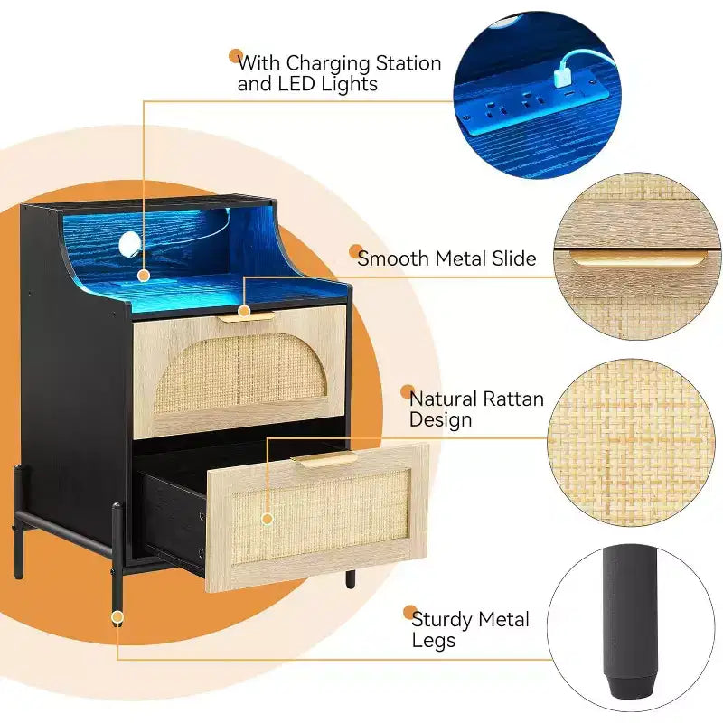 Rattan Nightstand with Charging Station & LED Lights, 2 Drawer Bedside Table for Bedroom, Living Room, Black
