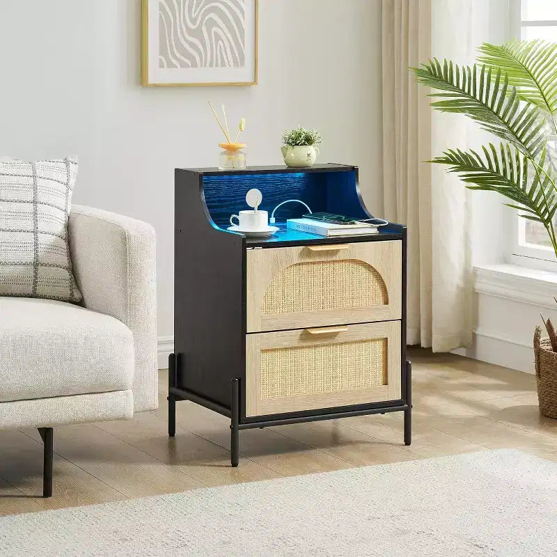 Rattan Nightstand with Charging Station & LED Lights, 2 Drawer Bedside Table for Bedroom, Living Room, Black