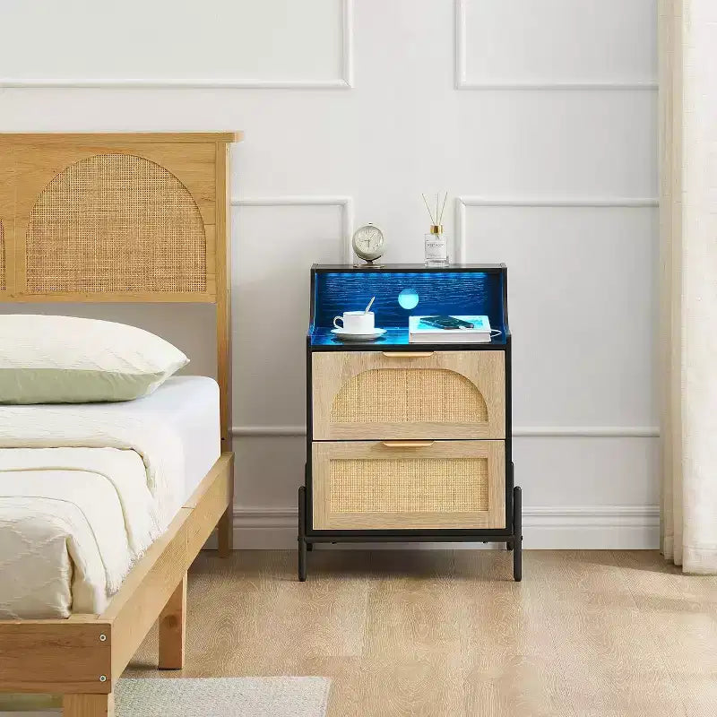 Rattan Nightstand with Charging Station & LED Lights, 2 Drawer Bedside Table for Bedroom, Living Room, Black