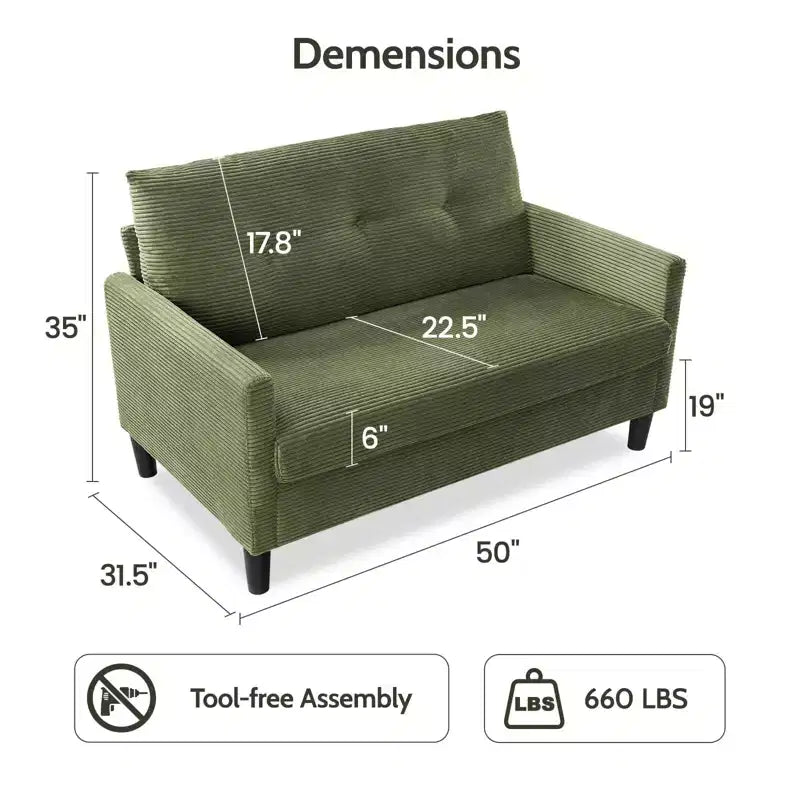 50" Small Loveseat Sofa for Living Room, Bedroom & Office – Deep Seat Couch