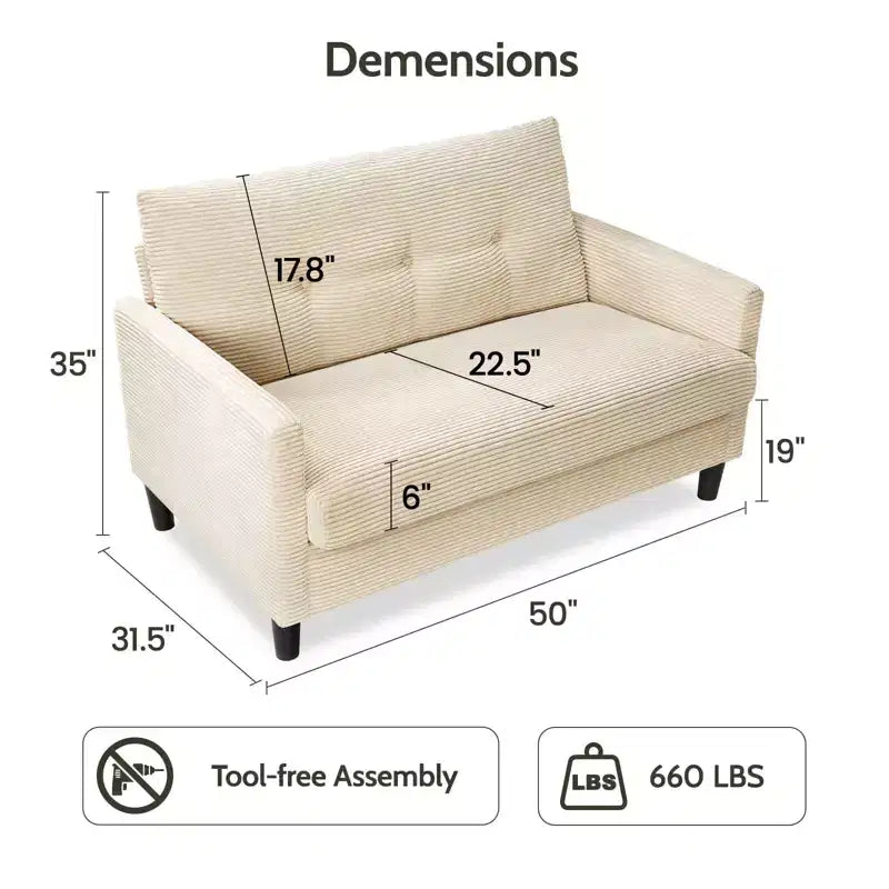 50" Small Loveseat Sofa for Living Room, Bedroom & Office – Deep Seat Couch