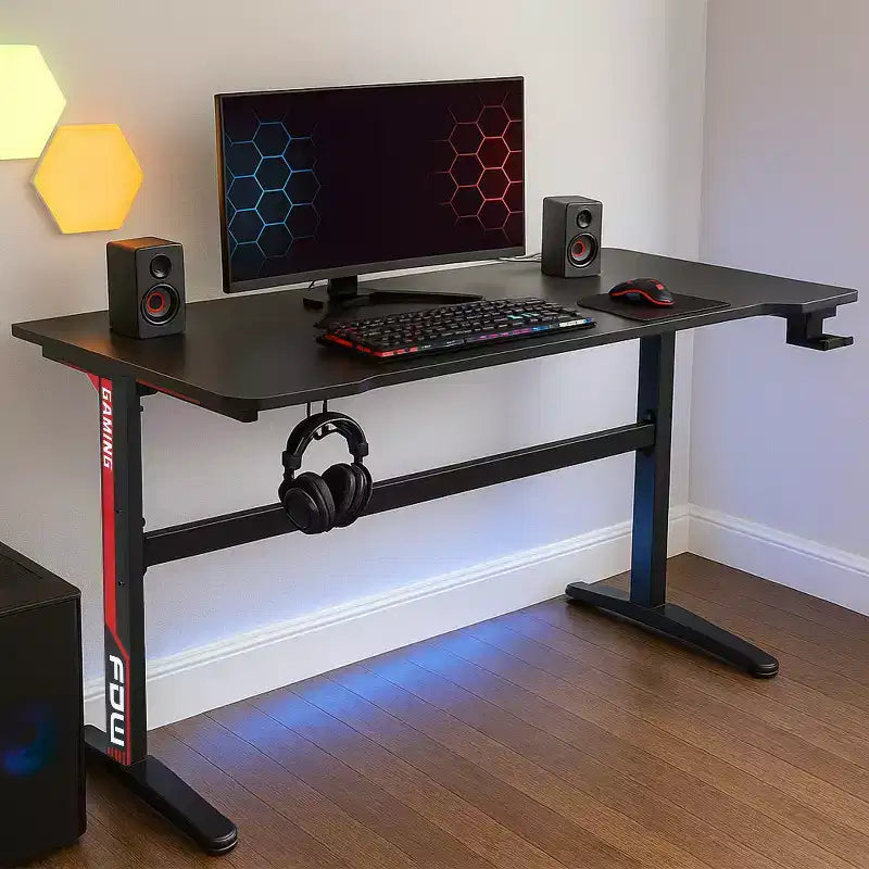 47 Inch T-Shaped Gaming Desk with Cup Holder, Red