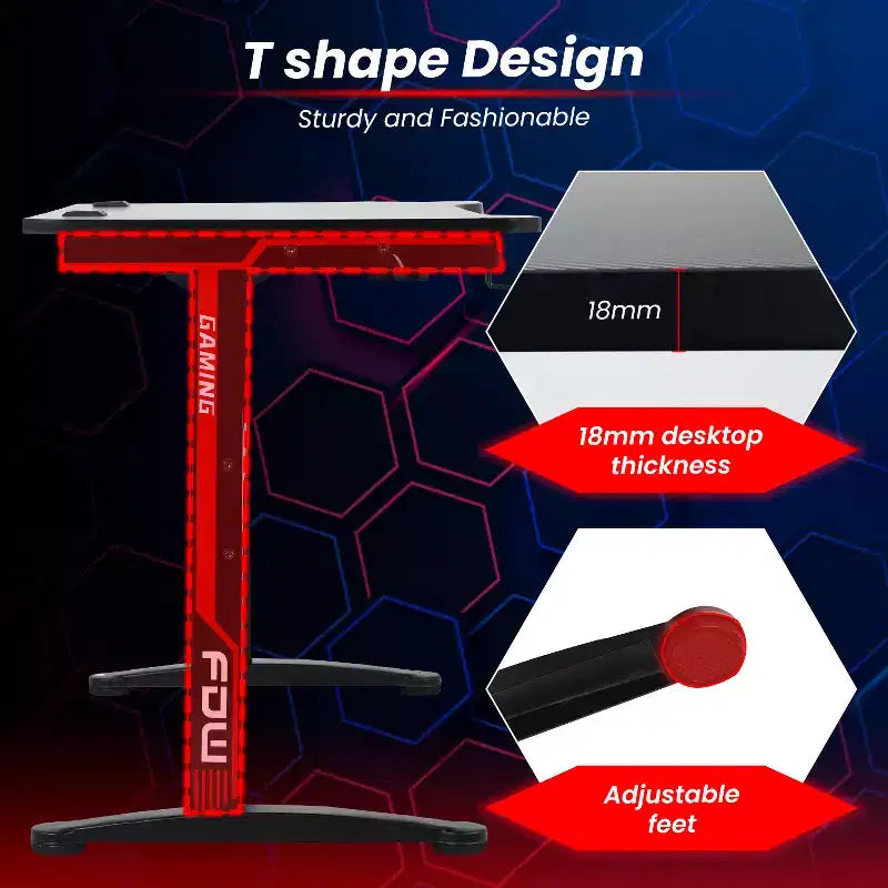 47 Inch T-Shaped Gaming Desk with Cup Holder, Red