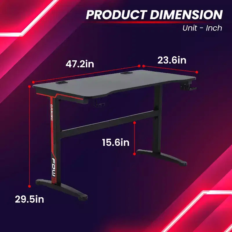 47 Inch T-Shaped Gaming Desk with Cup Holder, Red