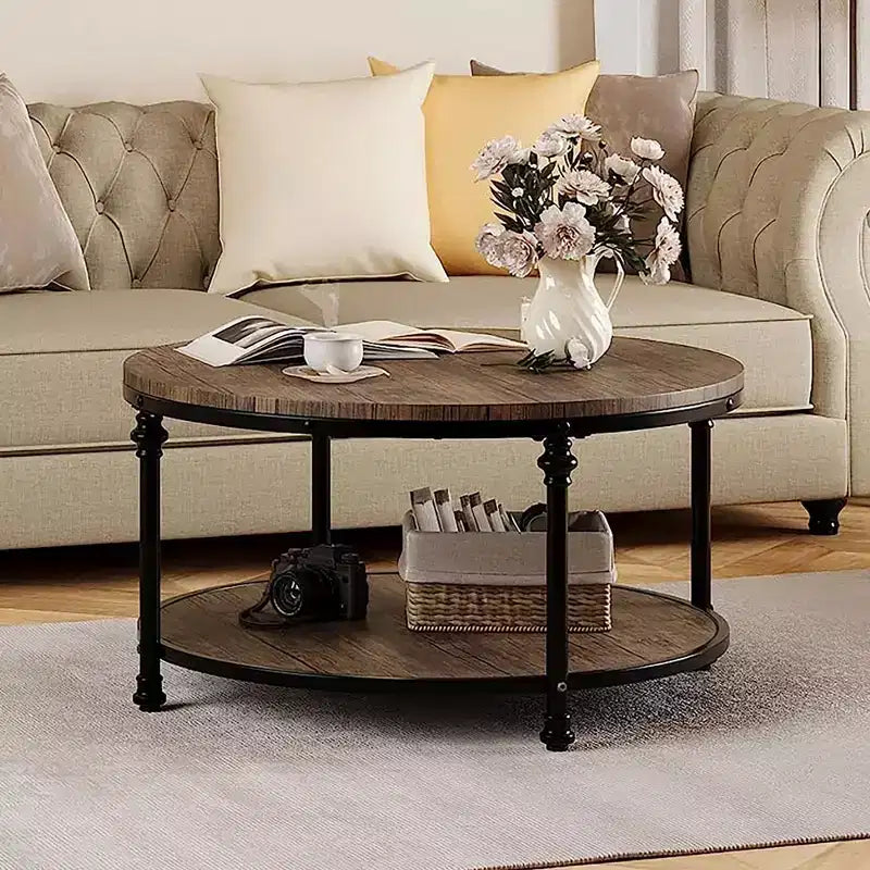 Round Coffee Table with Storage Rack & Metal Legs