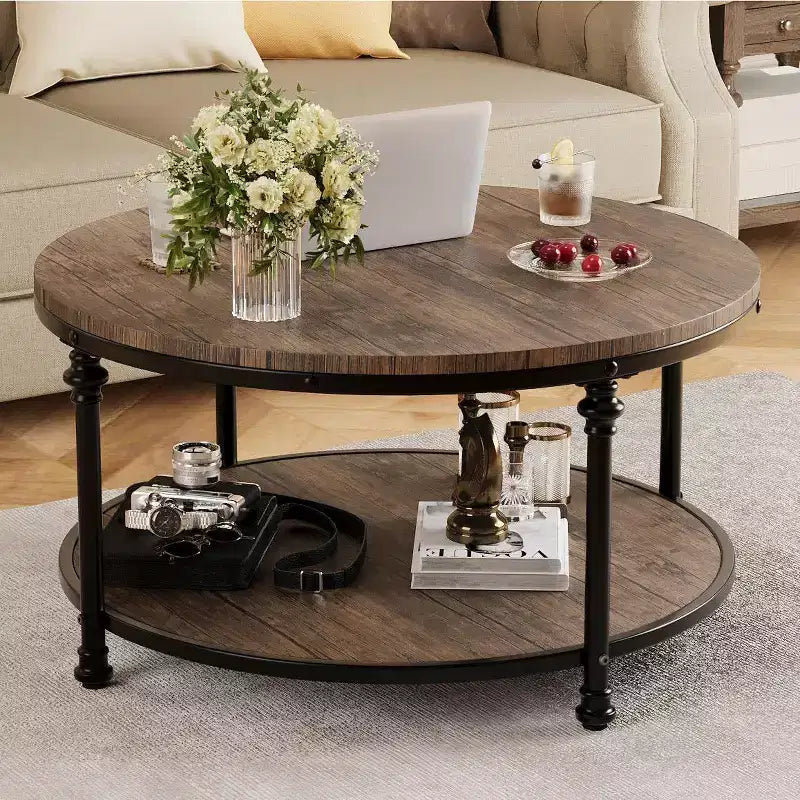 Round Coffee Table with Storage Rack & Metal Legs