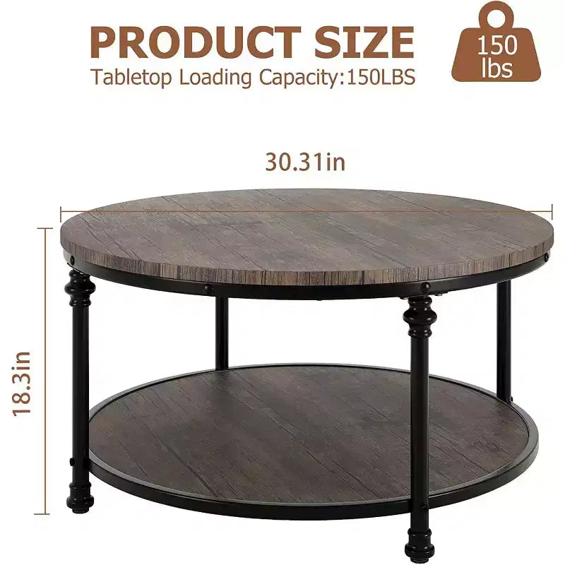 Round Coffee Table with Storage Rack & Metal Legs