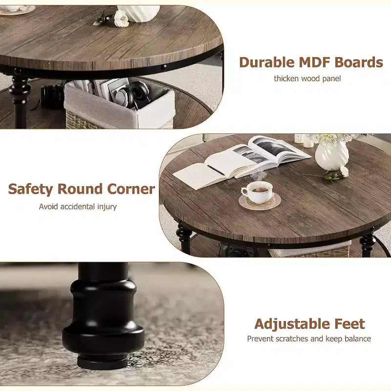 Round Coffee Table with Storage Rack & Metal Legs