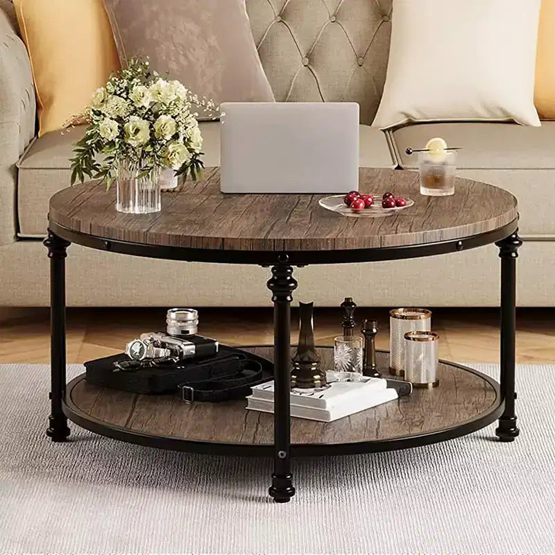 Round coffee table,coffee table with storage rack, coffee table with sturdy metal legs,retro style