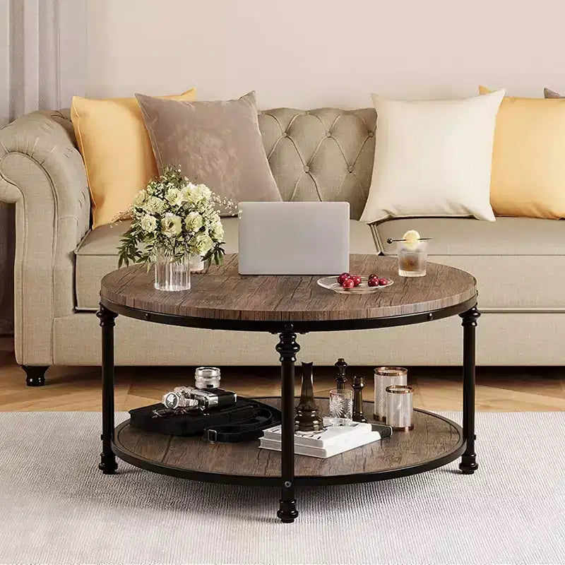 Round Coffee Table with Storage Rack & Metal Legs