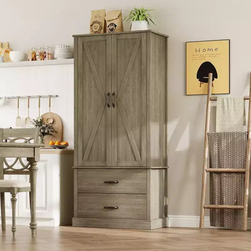 Kitchen Pantry Cabinet with 2 Drawers, Farmhouse Tall Storage Cabinet, Wood Food Pantry