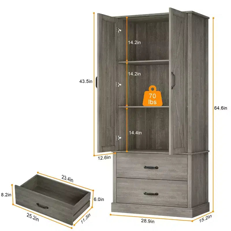 Kitchen Pantry Cabinet with 2 Drawers, Barn Door Storage Cabinet with Adjustable Shelves