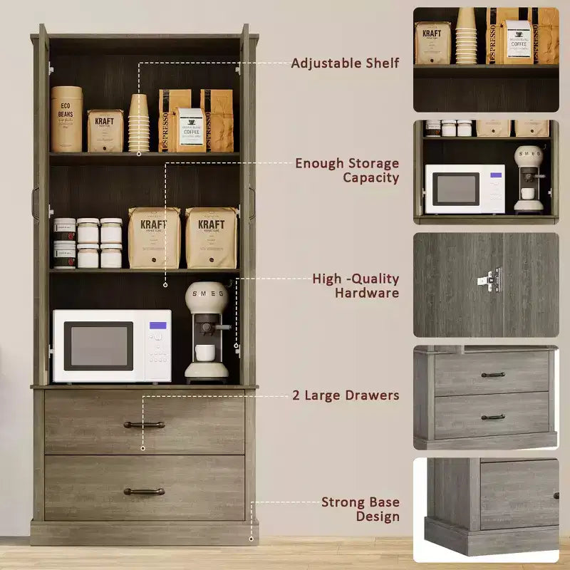 Kitchen Pantry Cabinet with 2 Drawers, Barn Door Storage Cabinet with Adjustable Shelves