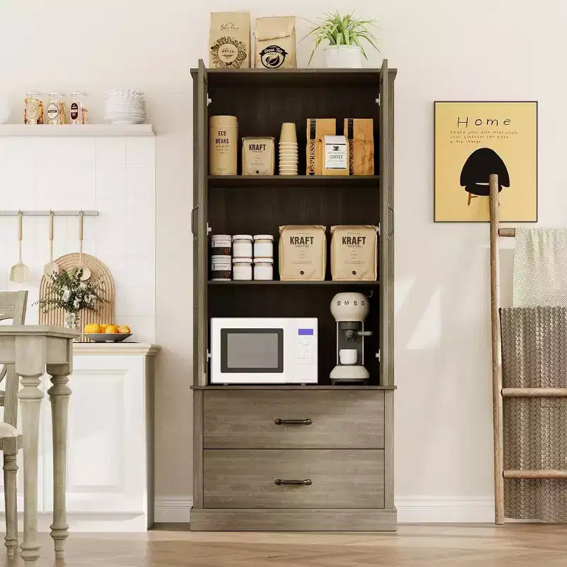 Kitchen Pantry Cabinet with 2 Drawers, Barn Door Storage Cabinet with Adjustable Shelves
