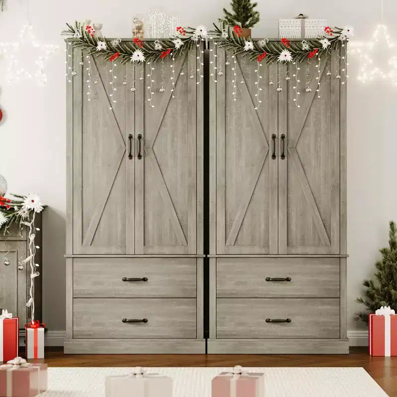 Kitchen Pantry Cabinet with 2 Drawers, Barn Door Storage Cabinet with Adjustable Shelves