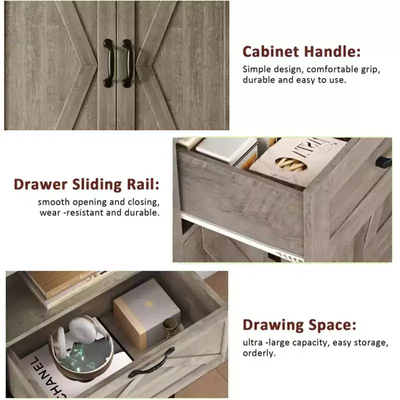 Kitchen Pantry Cabinet with 2 Drawers, Barn Door Storage Cabinet with Adjustable Shelves
