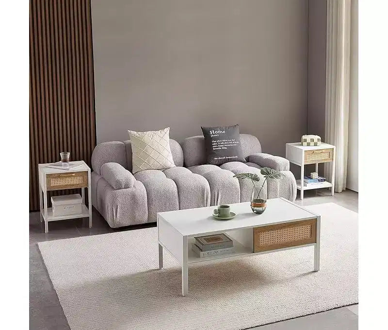 Mid Century Rectangle Coffee Table with Sliding Rattan Door, Open Shelf and Metal Legs