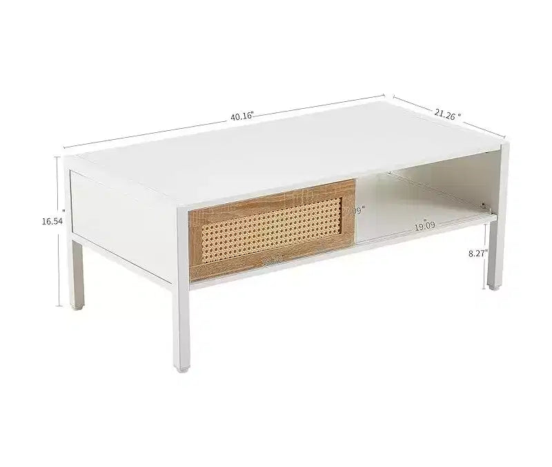 Mid Century Rectangle Coffee Table with Sliding Rattan Door, Open Shelf and Metal Legs