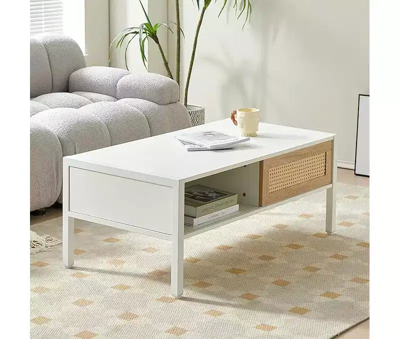 Mid Century Rectangle Coffee Table with Sliding Rattan Door, Open Shelf and Metal Legs