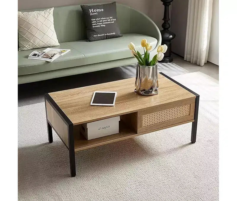 Mid Century Rectangle Coffee Table with Sliding Rattan Door, Open Shelf and Metal Legs