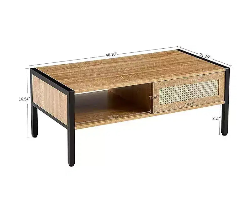 Mid Century Rectangle Coffee Table with Sliding Rattan Door, Open Shelf and Metal Legs