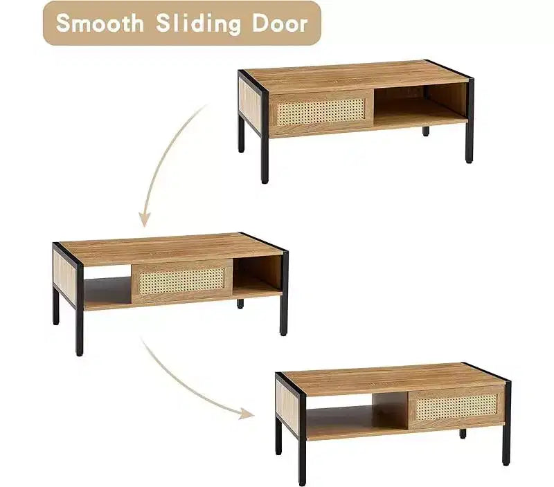 Mid Century Rectangle Coffee Table with Sliding Rattan Door, Open Shelf and Metal Legs