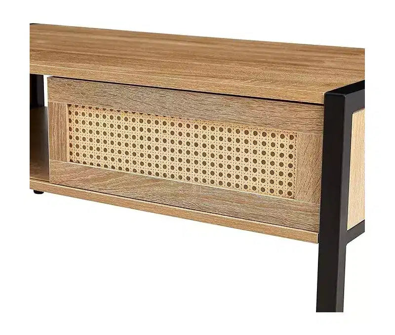 Mid Century Rectangle Coffee Table with Sliding Rattan Door, Open Shelf and Metal Legs