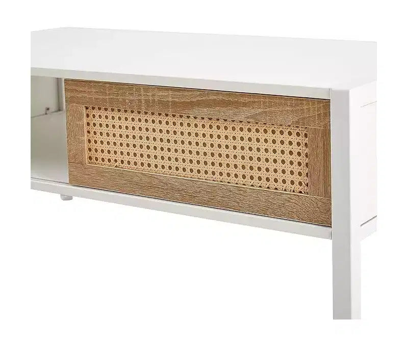 Mid Century Rectangle Coffee Table with Sliding Rattan Door, Open Shelf and Metal Legs