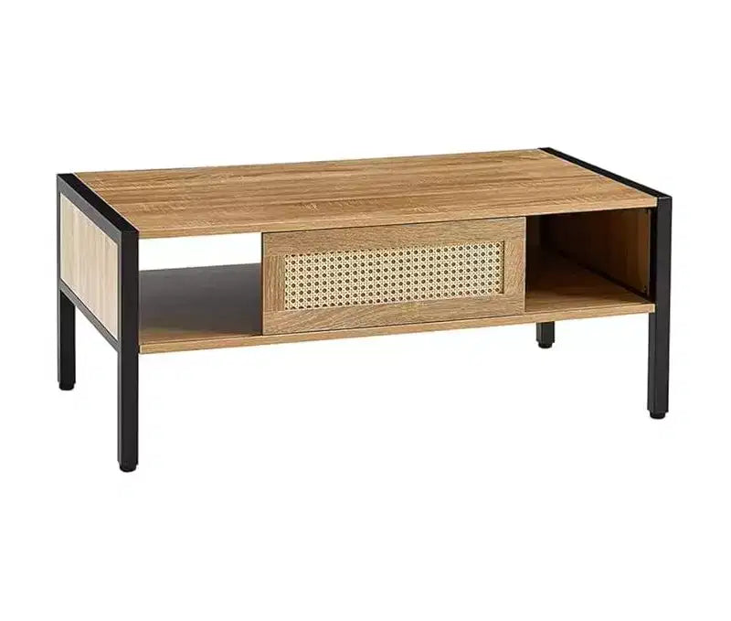 CuisinSmart Coffee Table Mid Century Rectangle Wooden Accent Table with Sliding Door Panel Open Storage Shelf and Metal Legs Sofa for Living Room