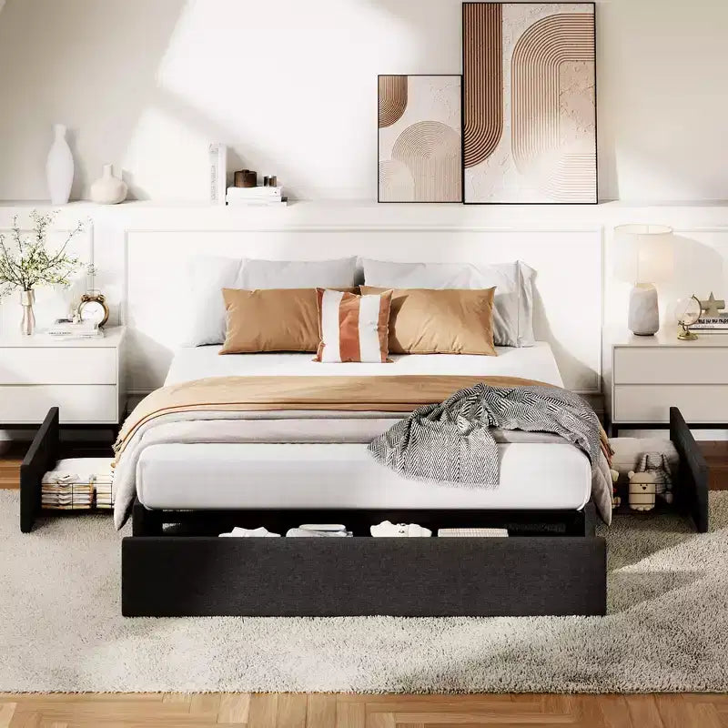 1 Wood Board + Linen Soft Pack Bed Frame with No Headboard and 3 Drawers, Wood Bed Frame