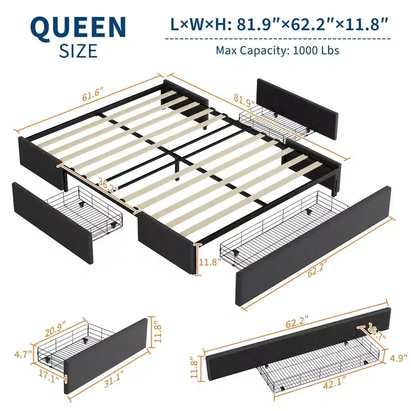Wood Linen Upholstered Bed Frame with No Headboard and 3 Storage Drawers