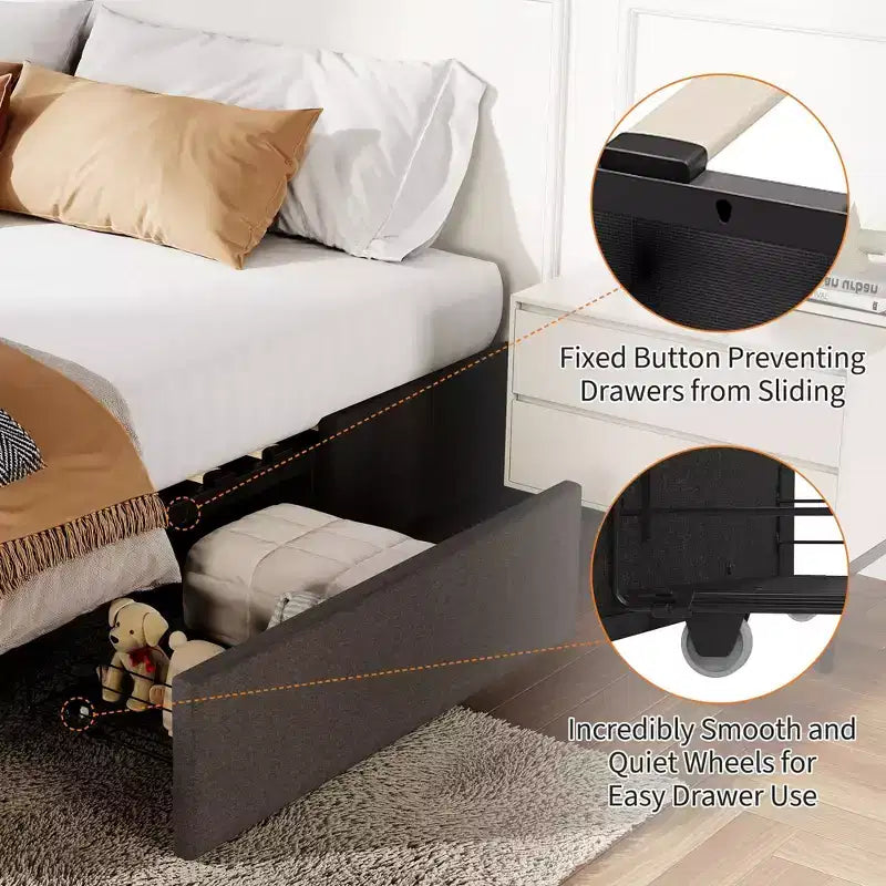 Wood Linen Upholstered Bed Frame with No Headboard and 3 Storage Drawers
