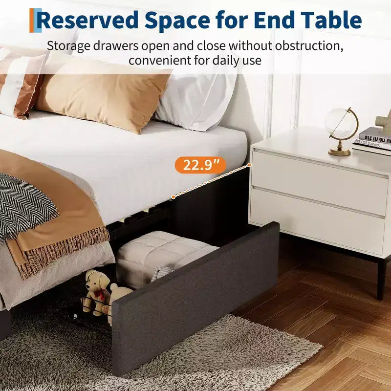 Wood Linen Upholstered Bed Frame with No Headboard and 3 Storage Drawers