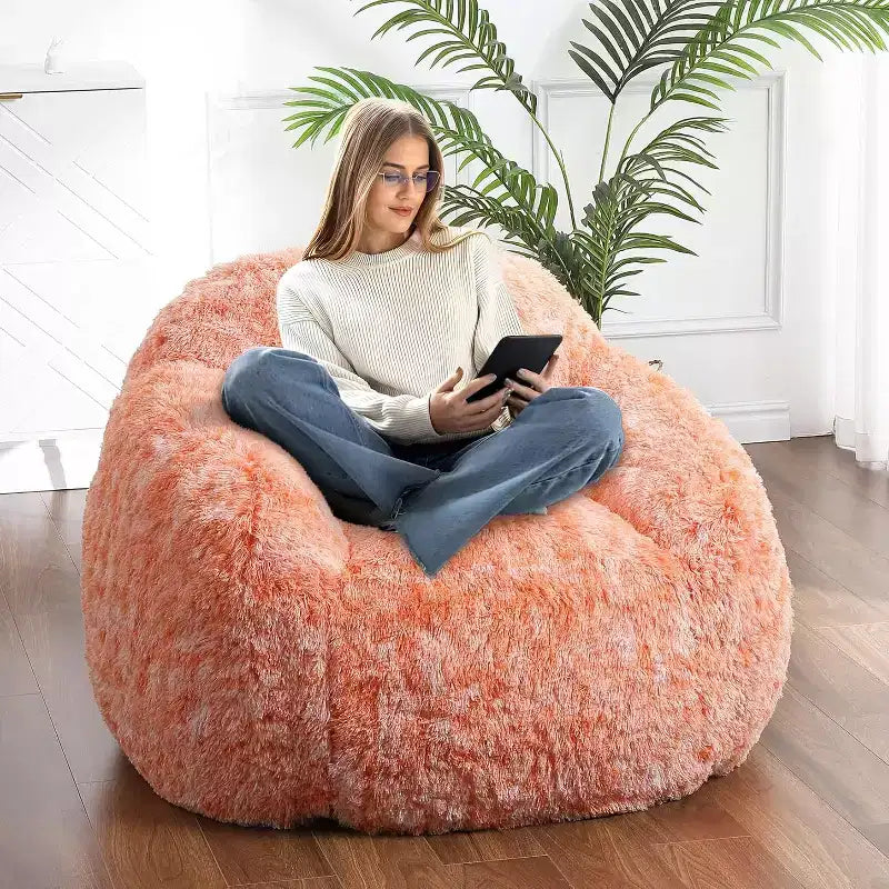 Soft Fluffy Adult Bean Bag Chair with Armrest for Reading & Living Room