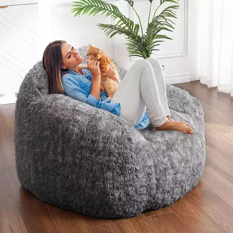 Soft Fluffy Adult Bean Bag Chair with Armrest for Reading & Living Room