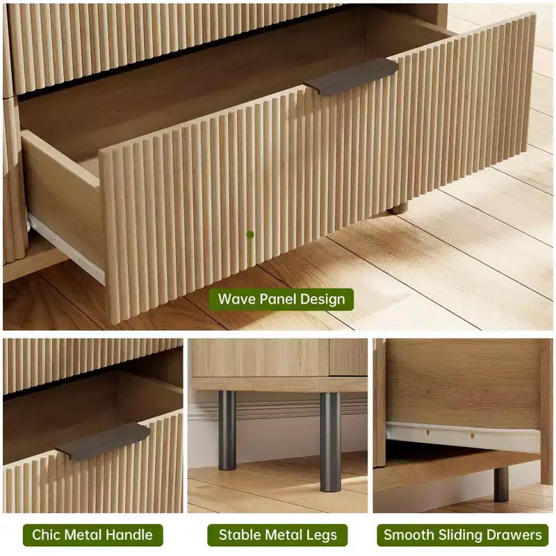 Fluted 3 Drawers Dresser, Wide Wood Chest of Drawers, Drawers Organizer with Metal Legs and Anti-Tipping Device