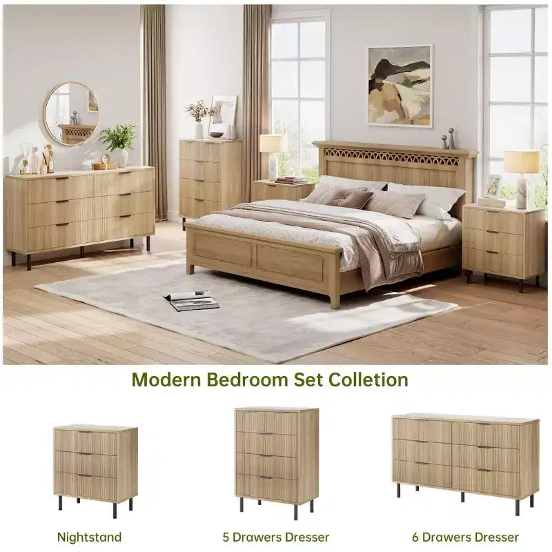 Fluted 3 Drawers Dresser, Wide Wood Chest of Drawers, Drawers Organizer with Metal Legs and Anti-Tipping Device