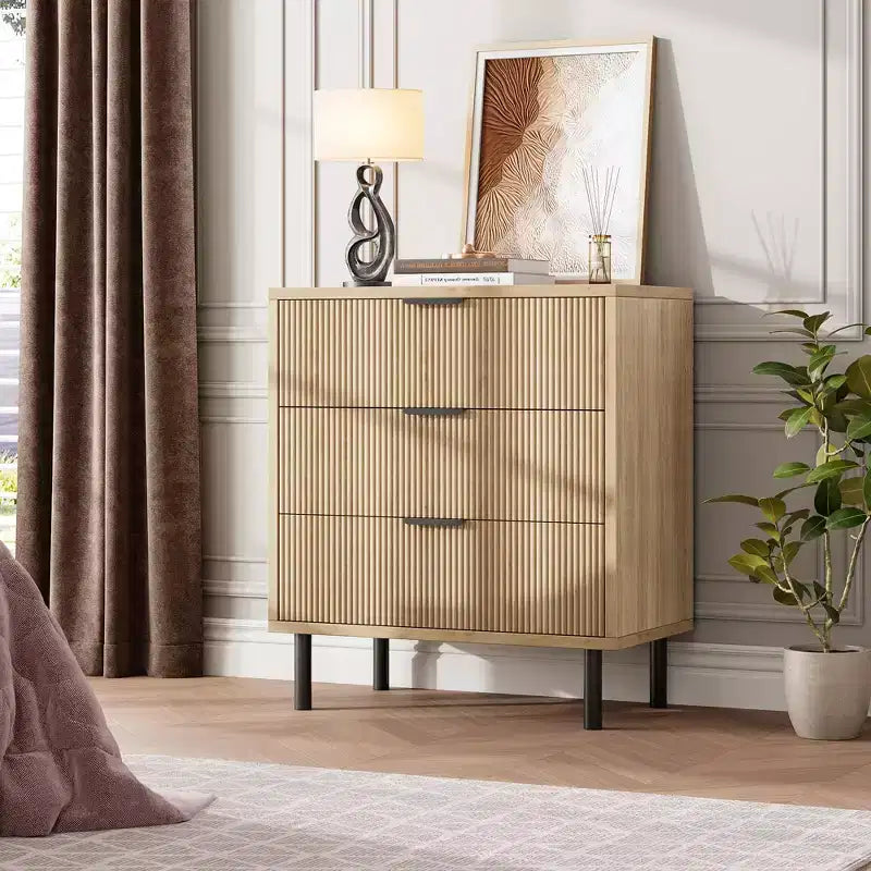 Fluted 3 Drawers Dresser, Wide Wood Chest of Drawers, Drawers Organizer with Metal Legs and Anti-Tipping Device