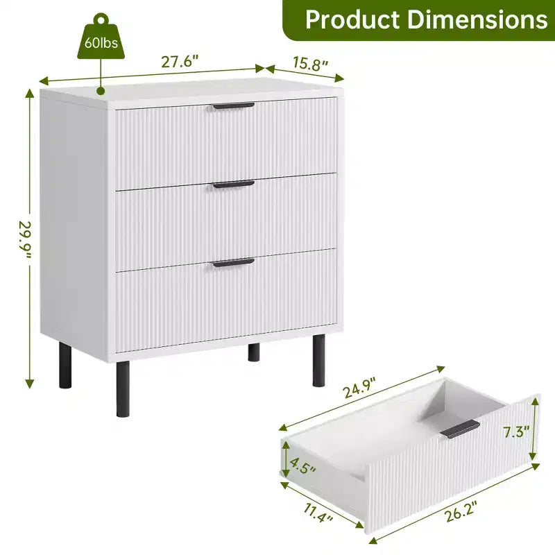 Fluted 3 Drawers Dresser, Wide Wood Chest of Drawers, Drawers Organizer with Metal Legs and Anti-Tipping Device