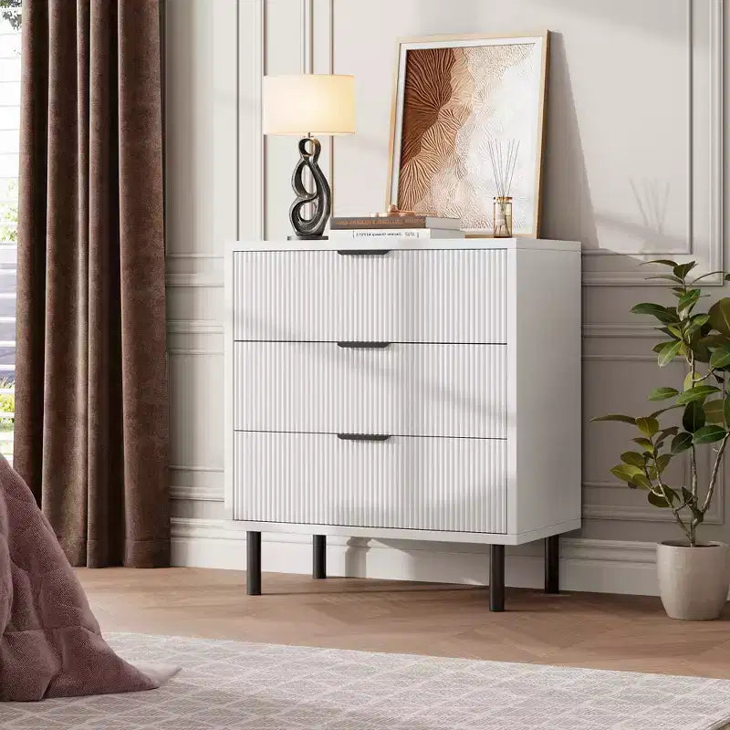 Fluted 3 Drawers Dresser, Wide Wood Chest of Drawers, Drawers Organizer with Metal Legs and Anti-Tipping Device