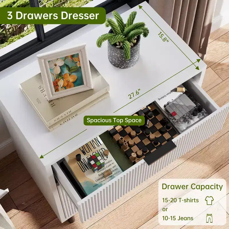Fluted 3 Drawers Dresser, Wide Wood Chest of Drawers, Drawers Organizer with Metal Legs and Anti-Tipping Device